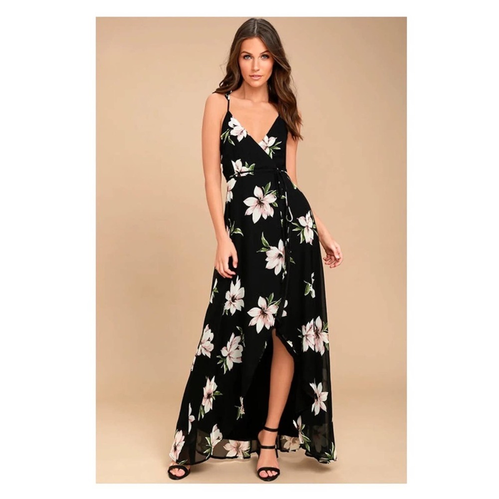 Lulus Black Floral All Mine Wrap Dress Sz.S